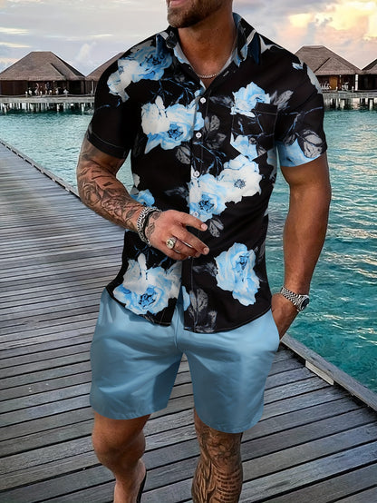 2Pcs, Beautiful Flower Print, Men's Summer Short Sleeve Button Up Shirt And Shorts Set