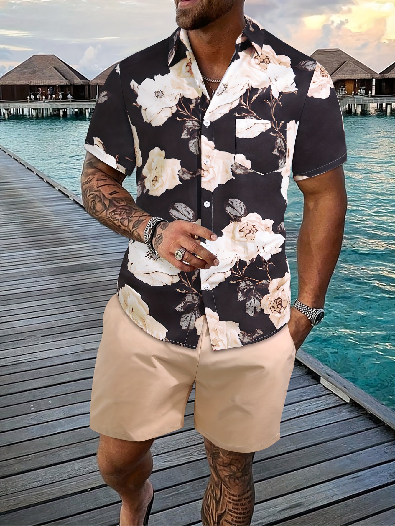 2Pcs, Beautiful Flower Print, Men's Summer Short Sleeve Button Up Shirt And Shorts Set