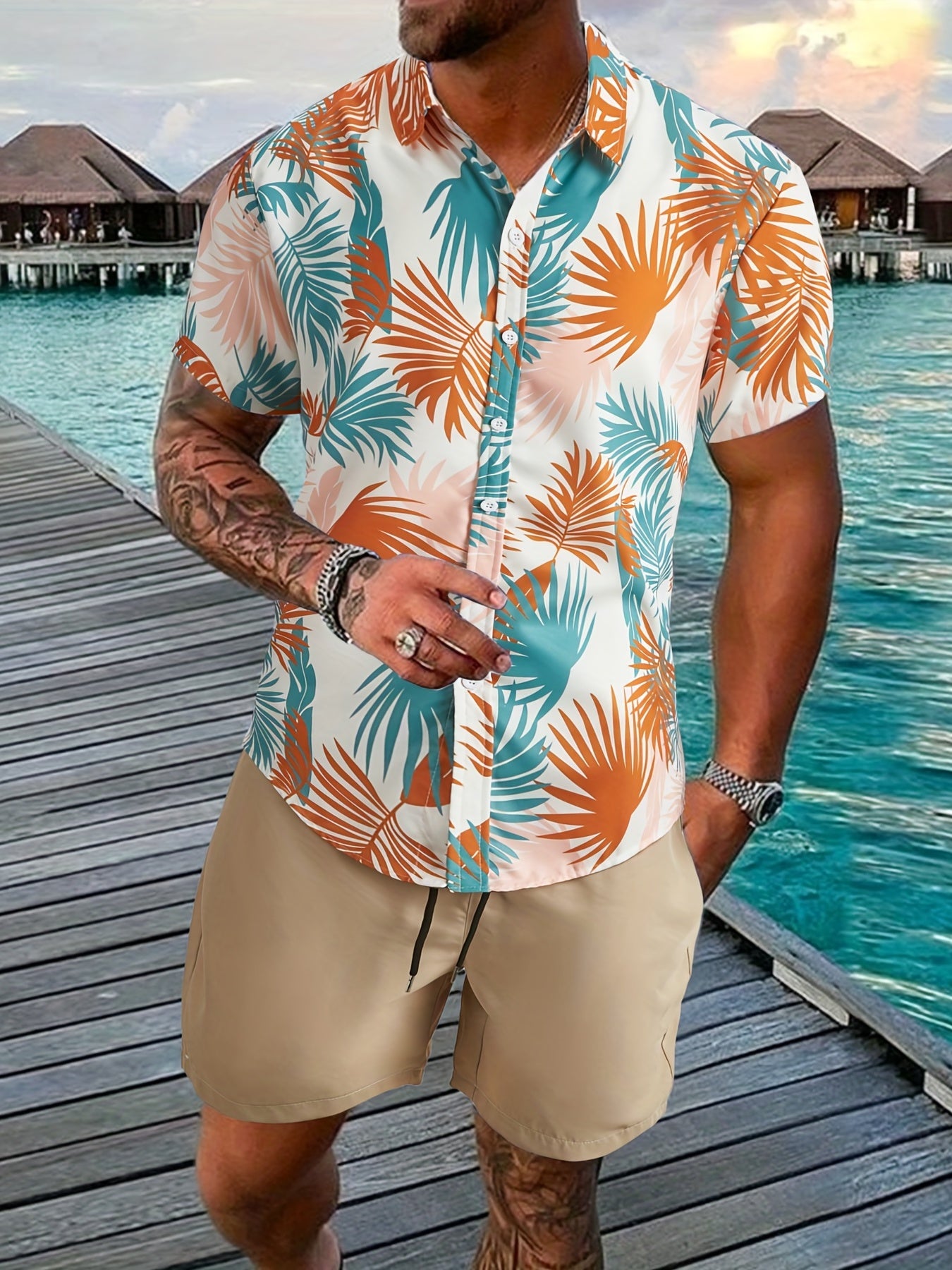 Tropical Leaf Print, Men's 2Pcs Outfits, Casual Camp Collar Lapel Button Up Short Sleeve Shirts Hawaiian Shirt And Drawstring Shorts Set For Summer, Men's Clothing