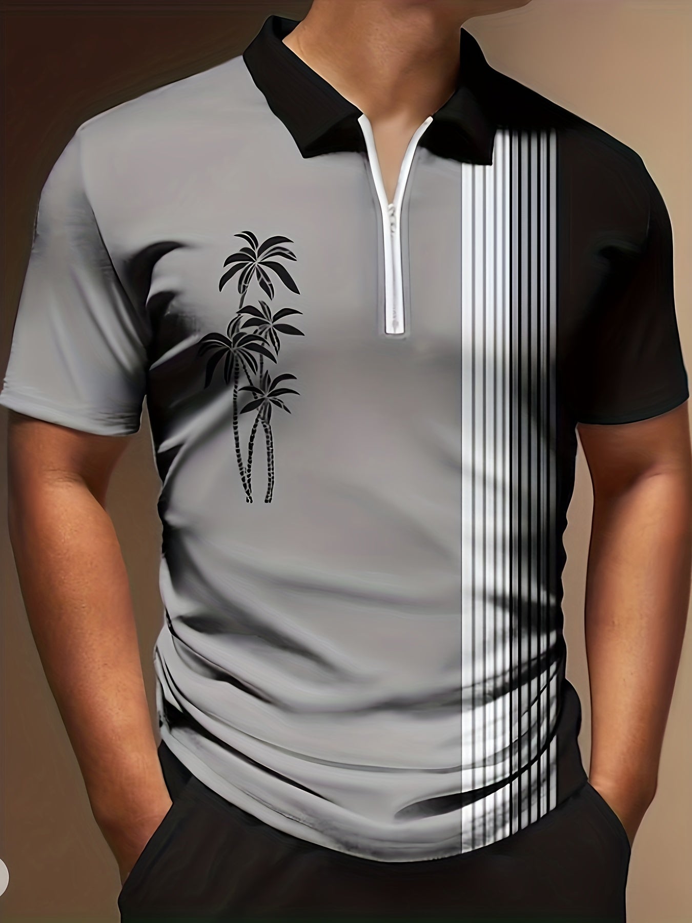 Plant Striped Casual Short Sleeved 3D Print Slightly Stretch Polo Shirt, Zippered V-neck T-shirt, Men's Comfortable Slim Fitting Top, Summer Clothing