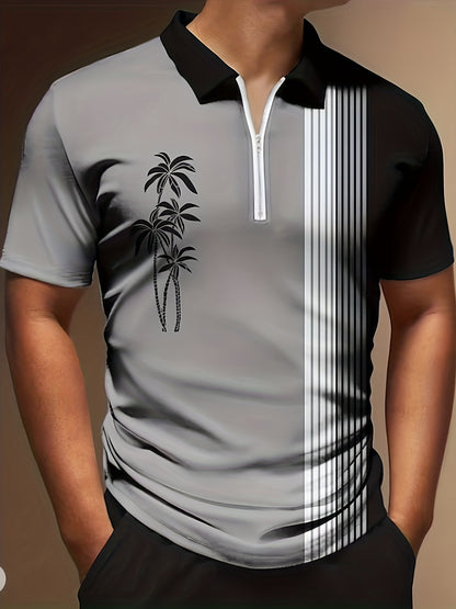 Plant Striped Casual Short Sleeved 3D Print Slightly Stretch Polo Shirt, Zippered V-neck T-shirt, Men's Comfortable Slim Fitting Top, Summer Clothing