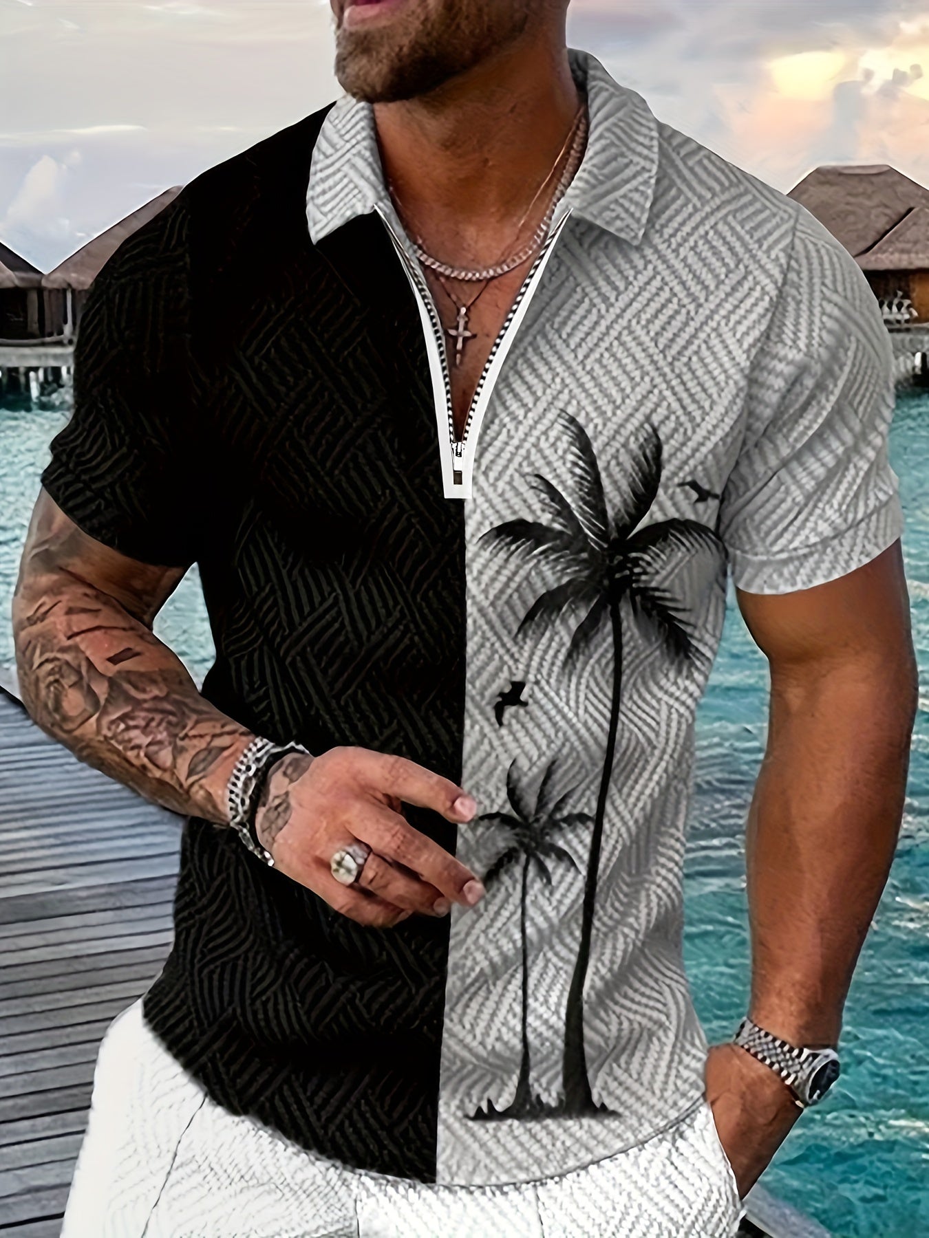 Plant Striped Casual Short Sleeved 3D Print Slightly Stretch Polo Shirt, Zippered V-neck T-shirt, Men's Comfortable Slim Fitting Top, Summer Clothing