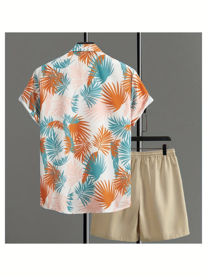 Tropical Leaf Print, Men's 2Pcs Outfits, Casual Camp Collar Lapel Button Up Short Sleeve Shirts Hawaiian Shirt And Drawstring Shorts Set For Summer, Men's Clothing