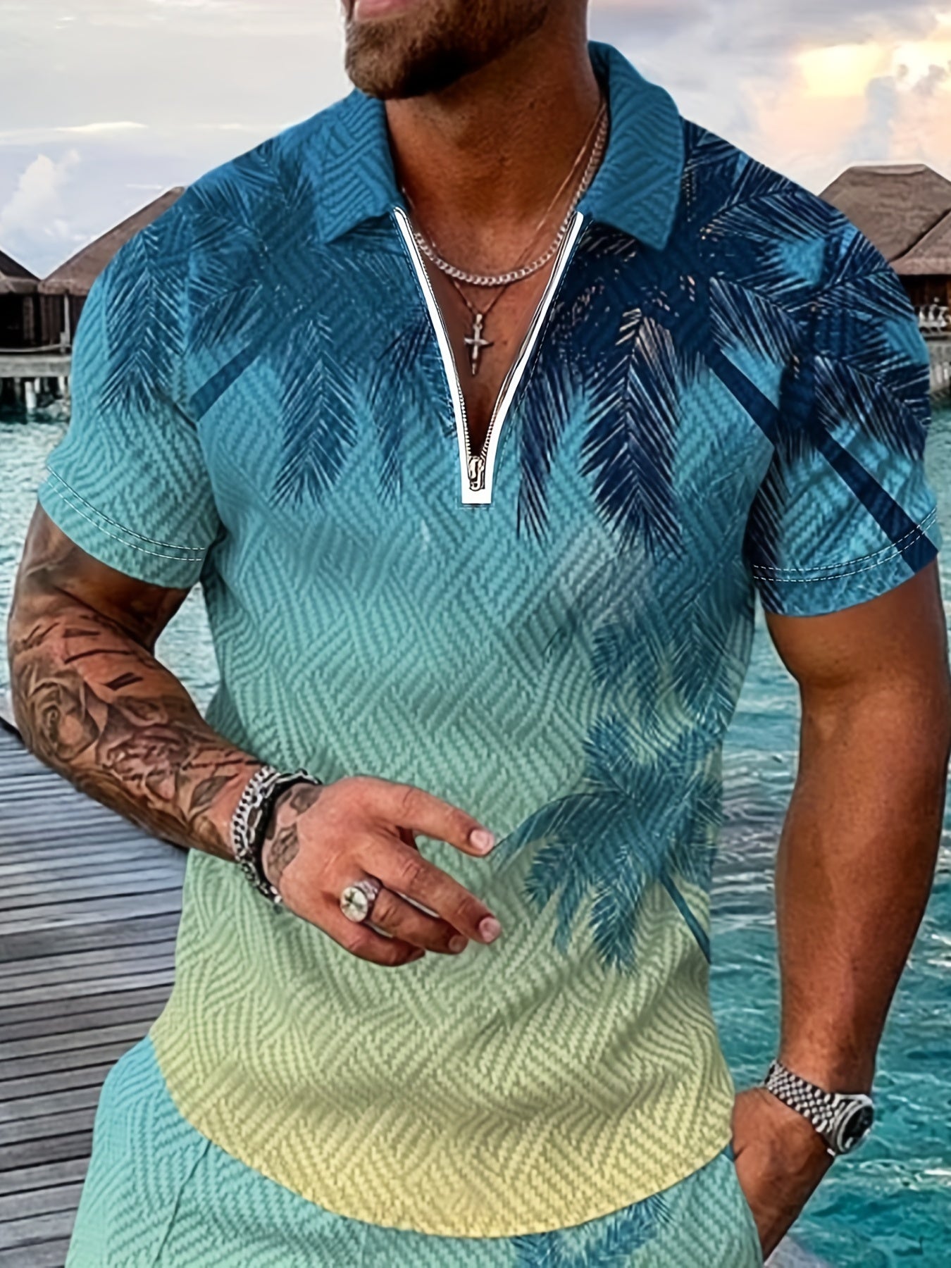 Plant Striped Casual Short Sleeved 3D Print Slightly Stretch Polo Shirt, Zippered V-neck T-shirt, Men's Comfortable Slim Fitting Top, Summer Clothing