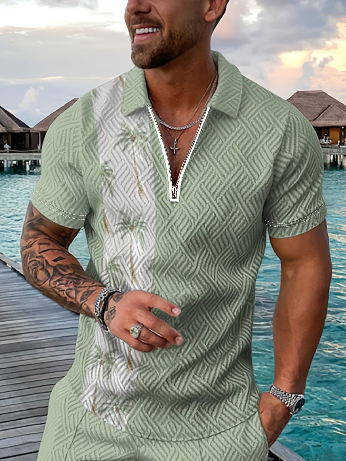 Plant Striped Casual Short Sleeved 3D Print Slightly Stretch Polo Shirt, Zippered V-neck T-shirt, Men's Comfortable Slim Fitting Top, Summer Clothing