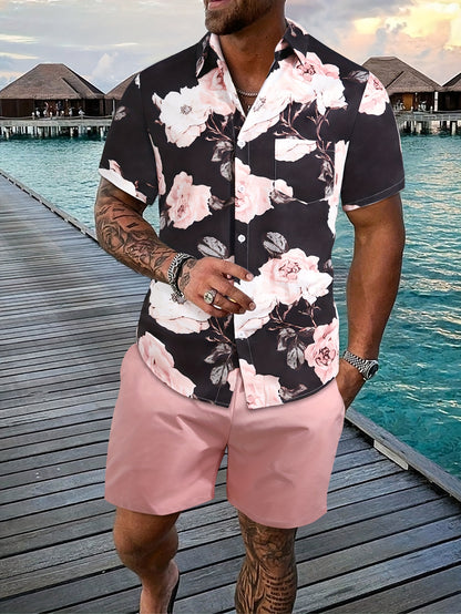 2Pcs, Beautiful Flower Print, Men's Summer Short Sleeve Button Up Shirt And Shorts Set