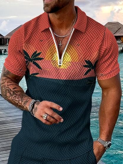 Plant Striped Casual Short Sleeved 3D Print Slightly Stretch Polo Shirt, Zippered V-neck T-shirt, Men's Comfortable Slim Fitting Top, Summer Clothing