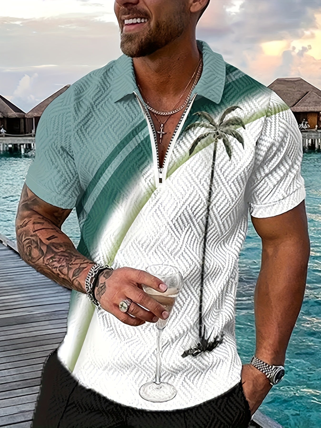 Plant Striped Casual Short Sleeved 3D Print Slightly Stretch Polo Shirt, Zippered V-neck T-shirt, Men's Comfortable Slim Fitting Top, Summer Clothing